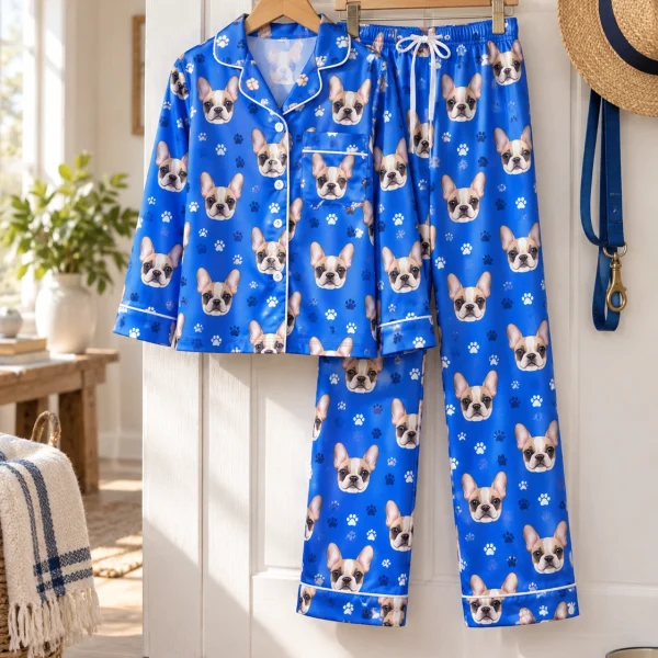 Kids plaid pajamas shirt and pants hanging up, covered in cream French bulldog faces — MyDogPics