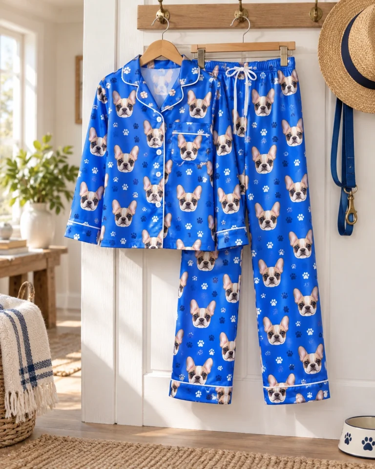 Kids plaid pajamas shirt and pants hanging up, covered in cream French bulldog faces — MyDogPics