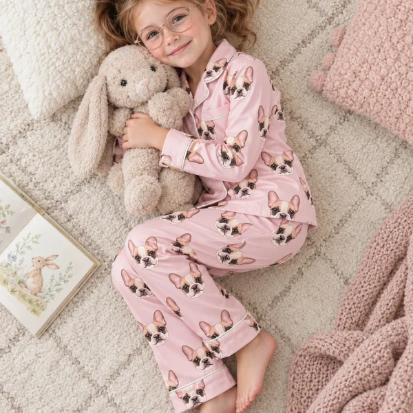 Girl posing in kids plaid pajamas, cream French bulldog faces on blush pink satin — MyDogPics