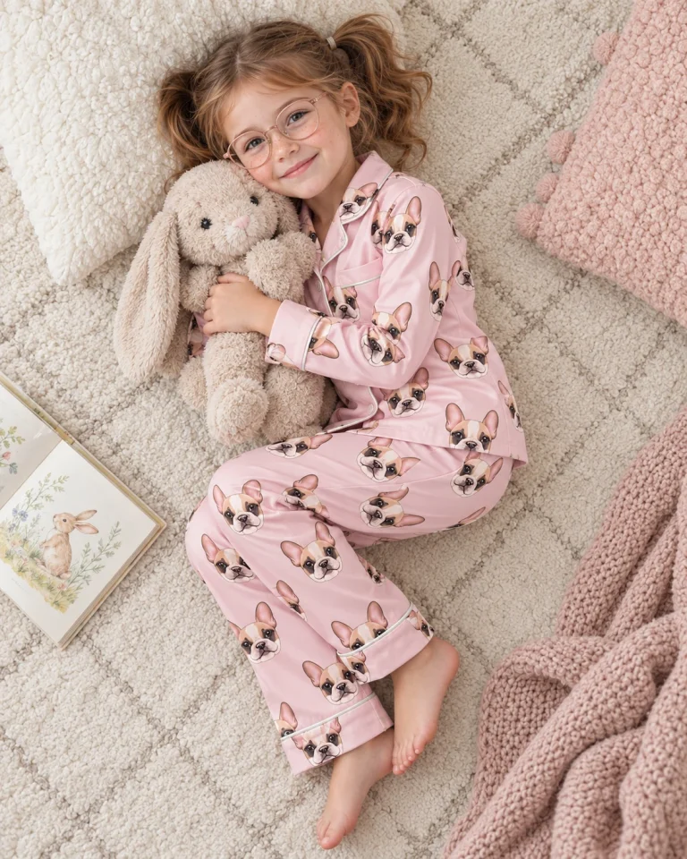 Girl posing in kids plaid pajamas, cream French bulldog faces on blush pink satin — MyDogPics