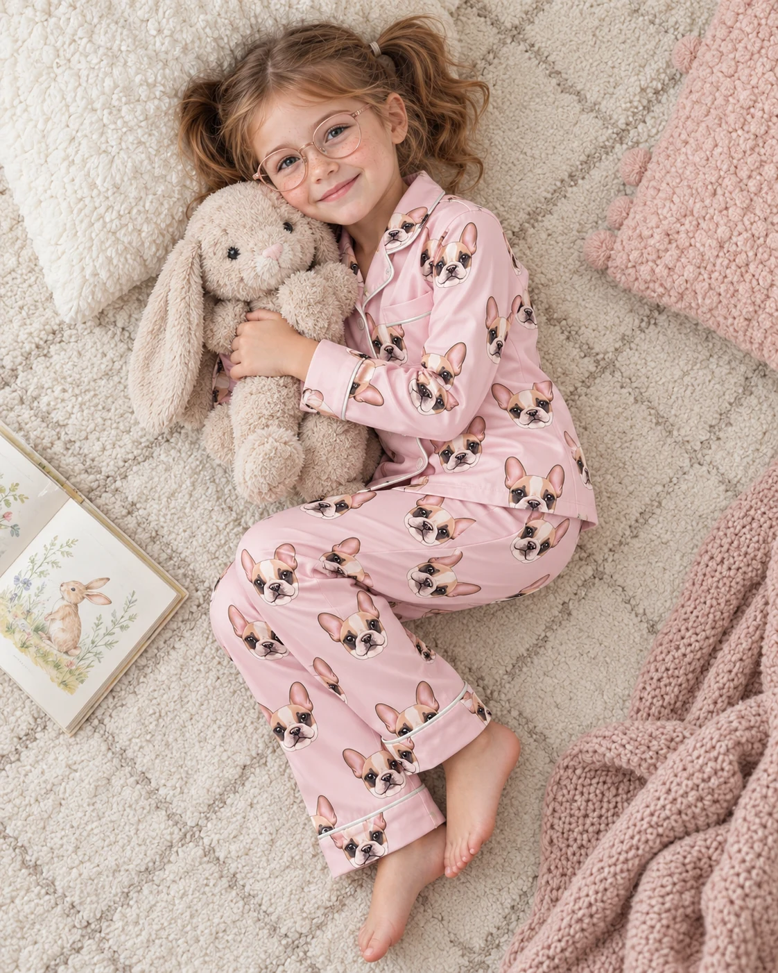 Kids Plaid Pajamas – Pose, Blush Pink | MyDogPics Girl posing in kids plaid pajamas, cream French bulldog faces on blush pink satin — MyDogPics