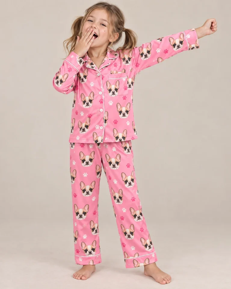 Girl posing in kids plaid pajamas, cream French bulldog faces on pink paw-print satin — MyDogPics