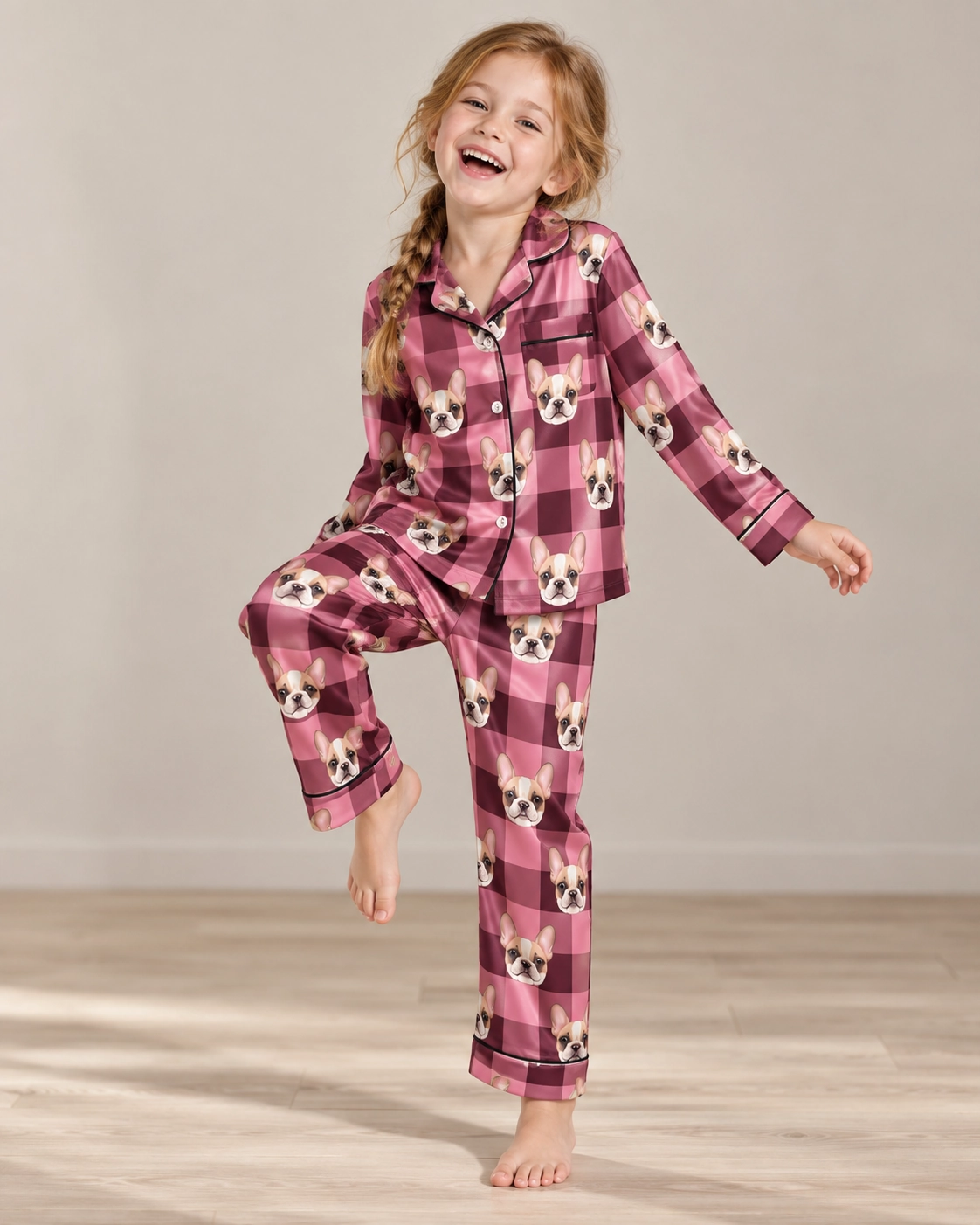 Kids Plaid Pajamas – Pose, Pink Plaid | MyDogPics Girl posing in kids plaid pajamas, cream French bulldog faces on pink plaid satin — MyDogPics