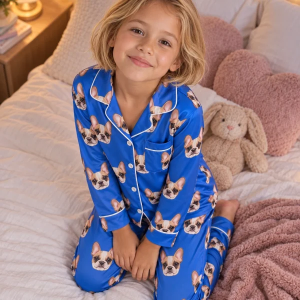 Girl posing in kids plaid pajamas, cream French bulldog faces on royal blue satin — MyDogPics