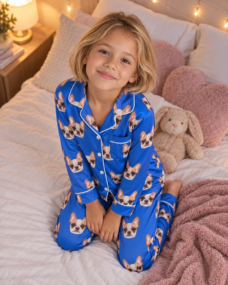 Girl posing in kids plaid pajamas, cream French bulldog faces on royal blue satin — MyDogPics