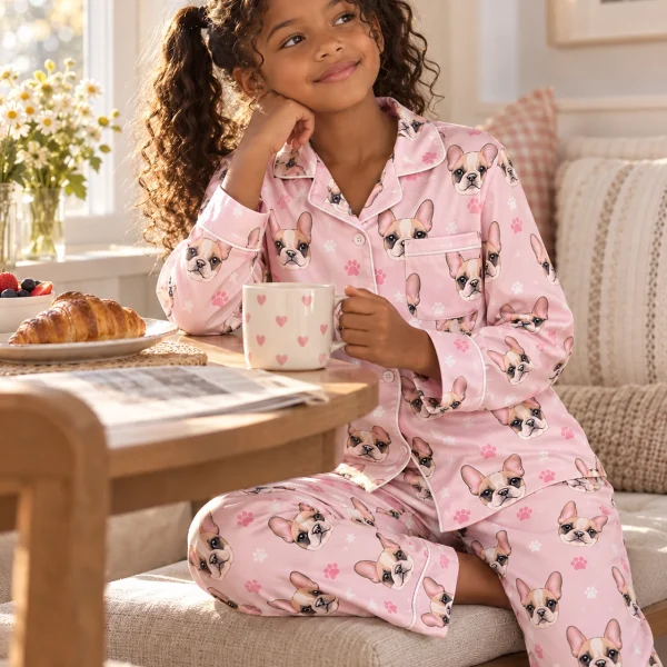 Girl sitting in kids plaid pajamas covered in cream French bulldog faces — MyDogPics