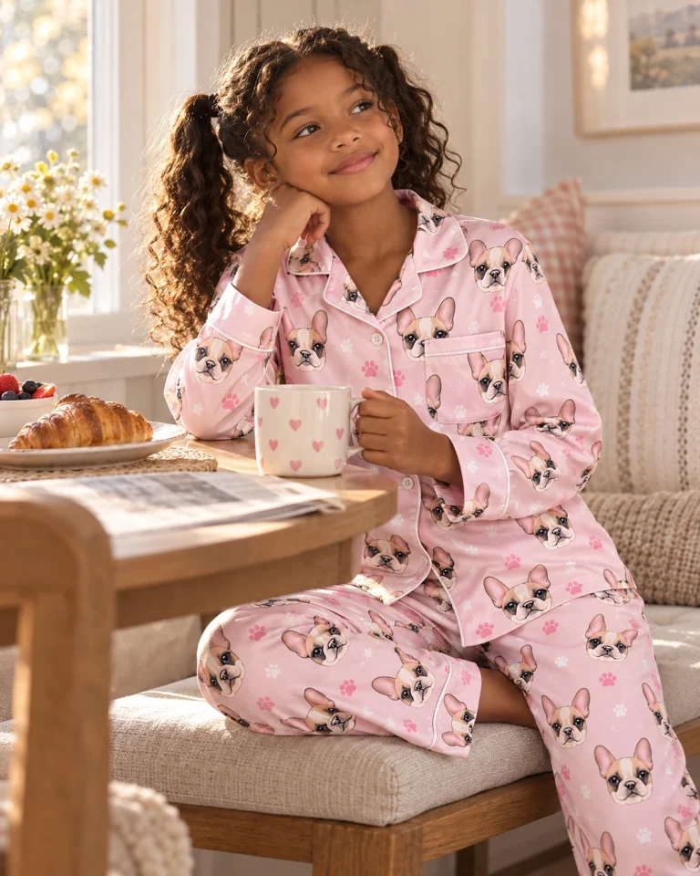 Girl sitting in kids plaid pajamas covered in cream French bulldog faces — MyDogPics