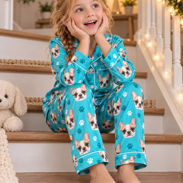 Girl sitting in kids plaid pajamas covered in cream French bulldog faces — MyDogPics