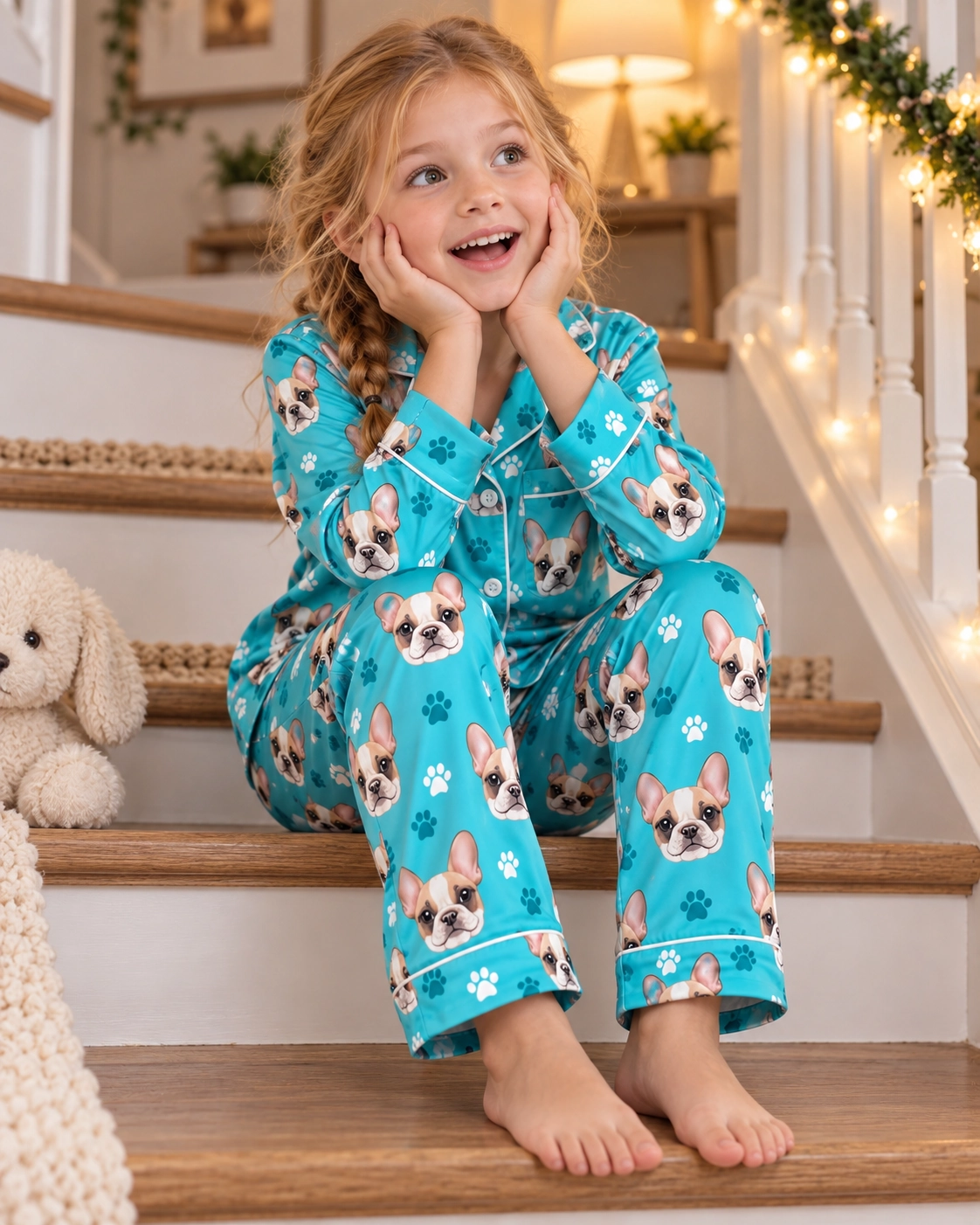 Kids Plaid Pajamas – Sitting, Teal Paw-Print | MyDogPics Girl sitting in kids plaid pajamas covered in cream French bulldog faces — MyDogPics