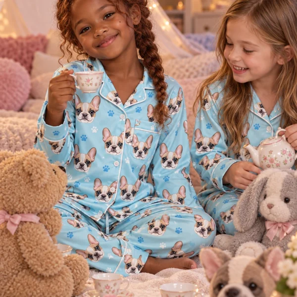 Two kids in kids plaid pajamas with cream French bulldog faces on light blue paw-print satin — MyDogPics