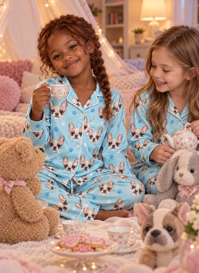 Two kids in kids plaid pajamas with cream French bulldog faces on light blue paw-print satin — MyDogPics