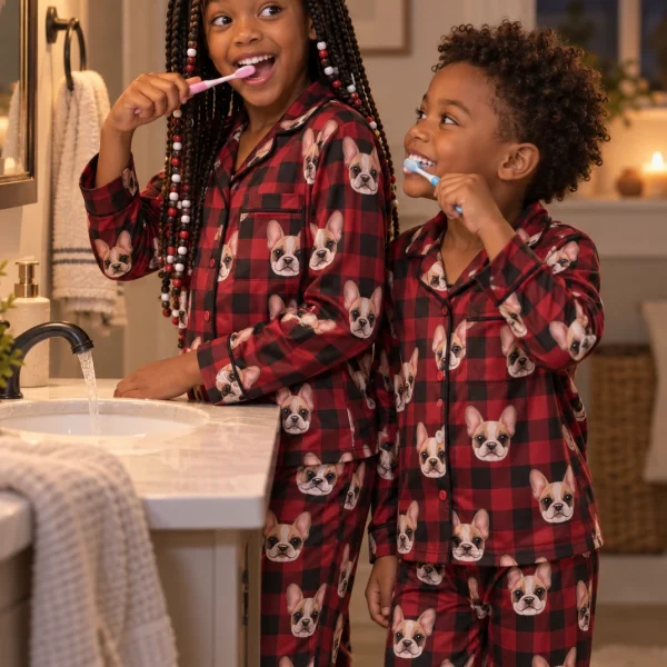 Two kids in kids plaid pajamas with cream French bulldog faces on red plaid satin — MyDogPics