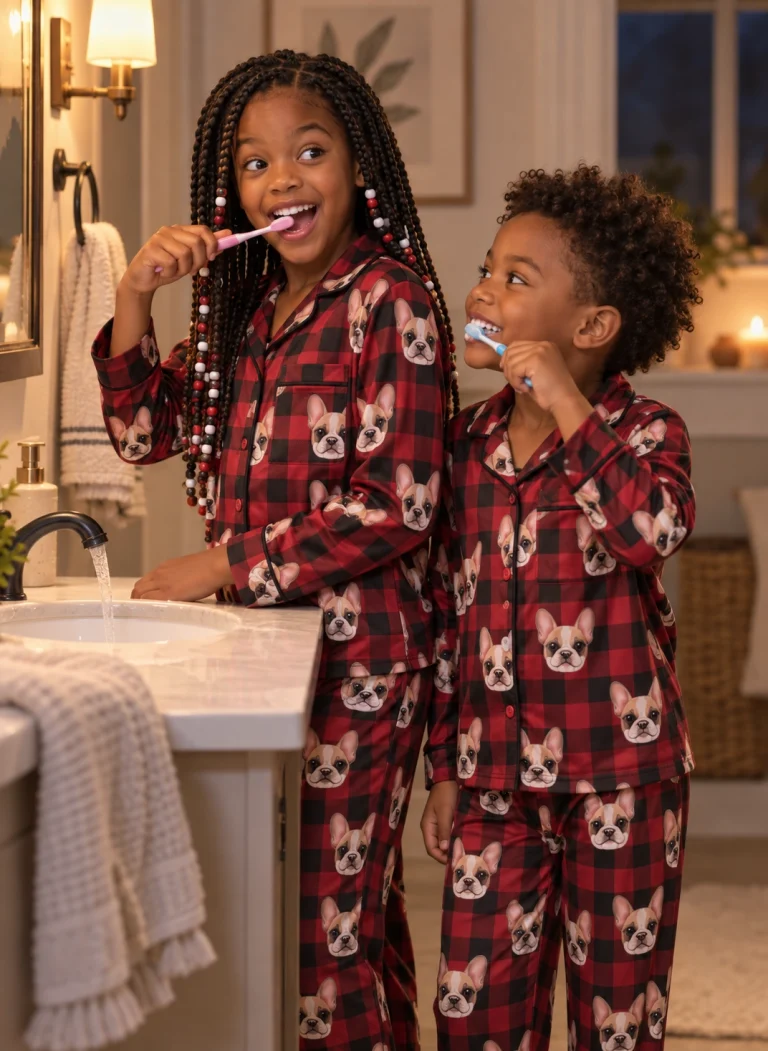 Two kids in kids plaid pajamas with cream French bulldog faces on red plaid satin — MyDogPics