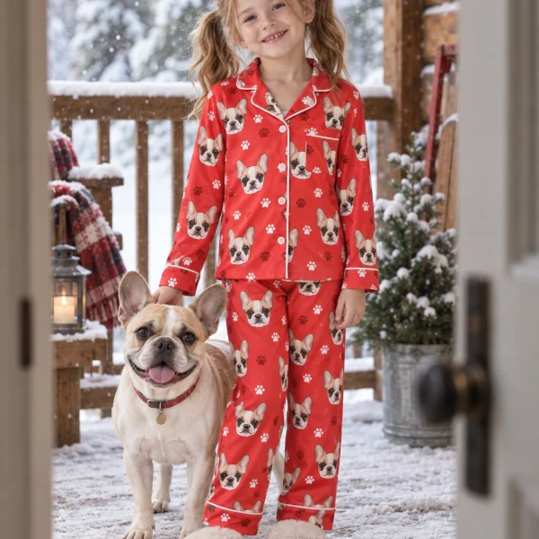 Girl in kids plaid pajamas standing next to her French bulldog — MyDogPics
