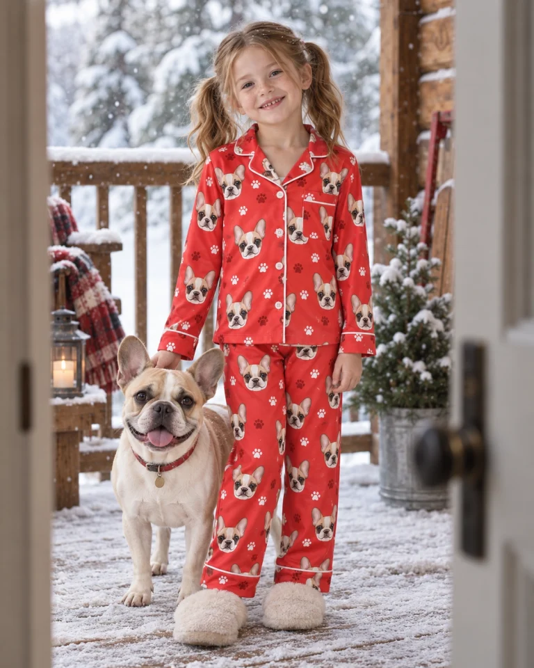 Girl in kids plaid pajamas standing next to her French bulldog — MyDogPics