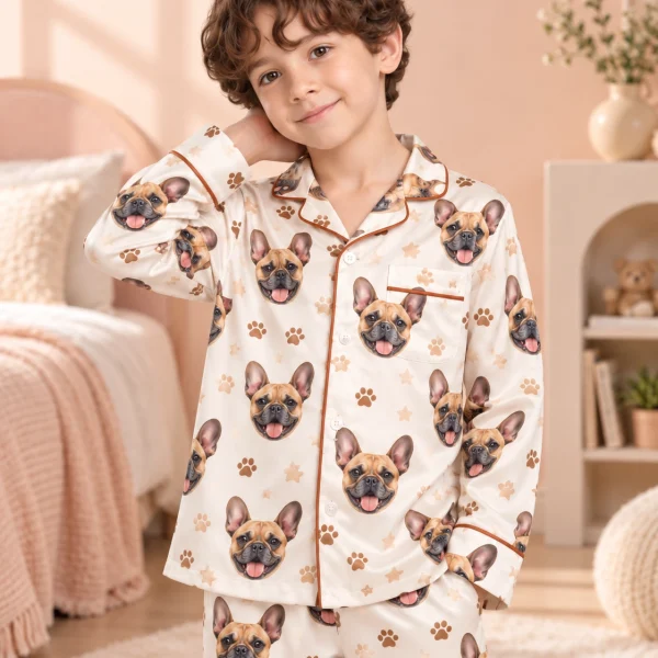 Close-up of the kids satin pajamas print: fawn French bulldog faces on cream satin with paw prints — MyDogPics