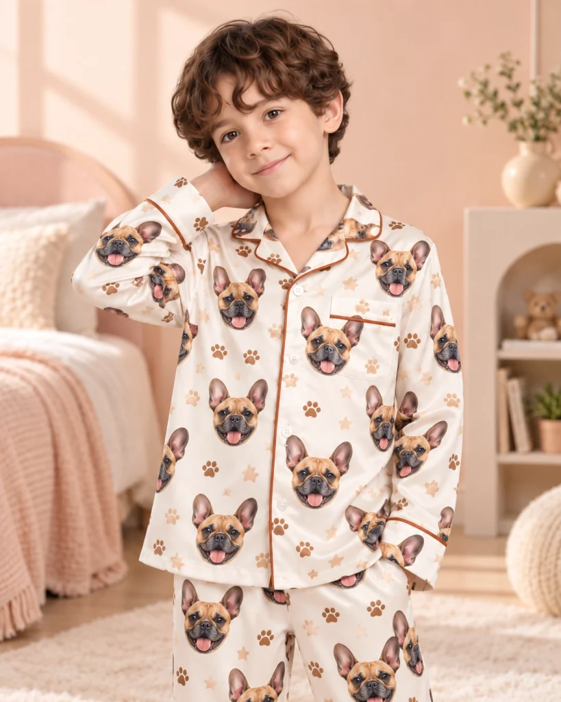 Close-up of the kids satin pajamas print: fawn French bulldog faces on cream satin with paw prints — MyDogPics