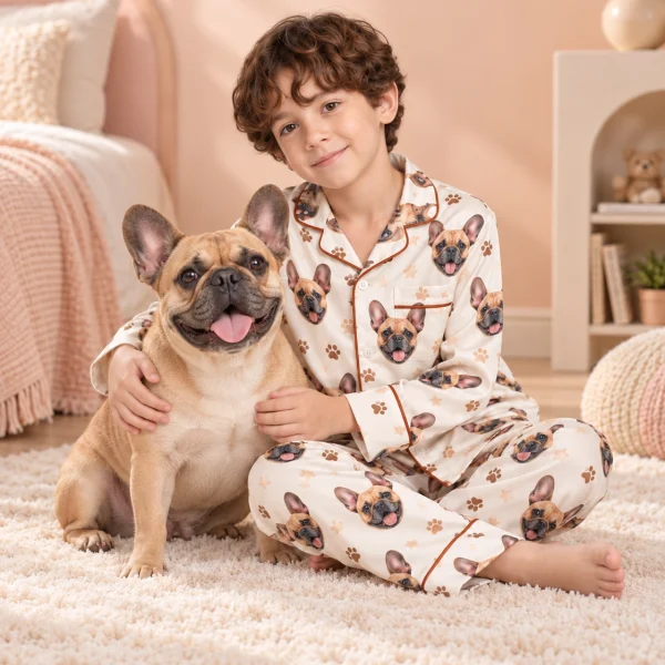 Boy in kids satin pajamas cuddling his French bulldog — MyDogPics
