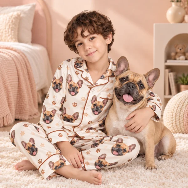 Boy in kids satin pajamas cuddling his French bulldog — MyDogPics