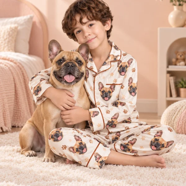 Boy in kids satin pajamas cuddling his French bulldog — MyDogPics