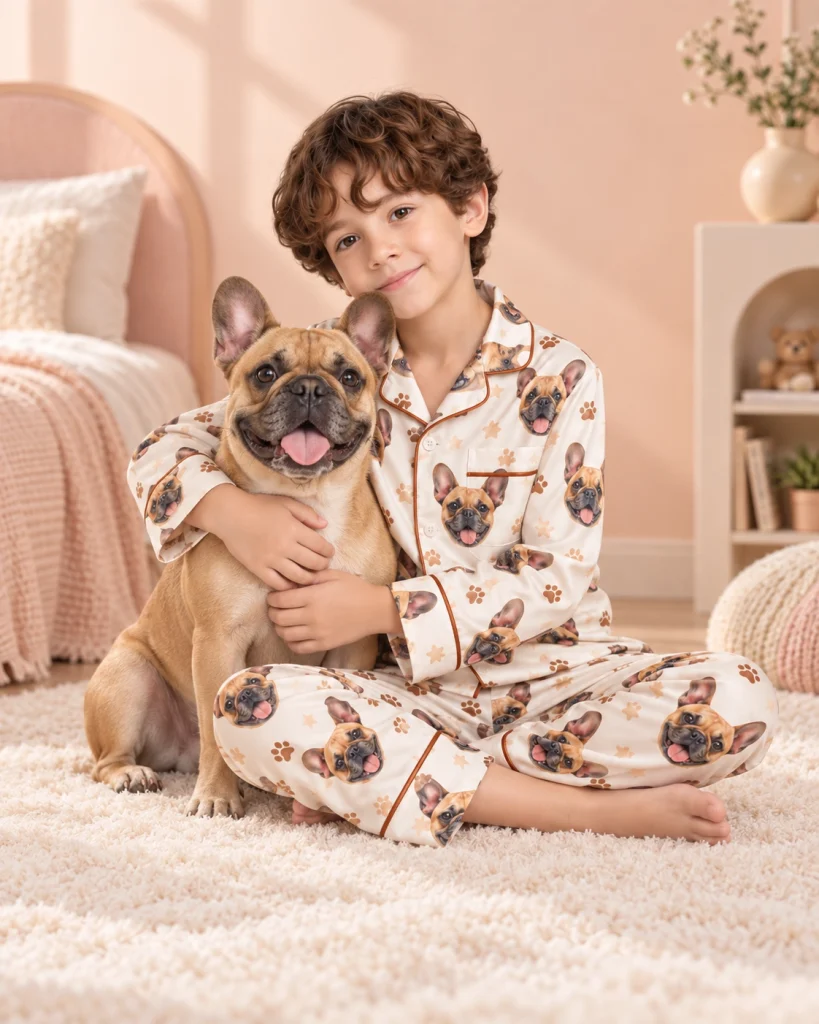 Boy in kids satin pajamas cuddling his French bulldog — MyDogPics