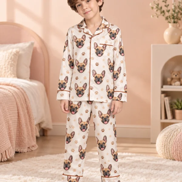Boy wearing kids satin pajamas covered in fawn French bulldog faces on cream satin with paw prints — MyDogPics