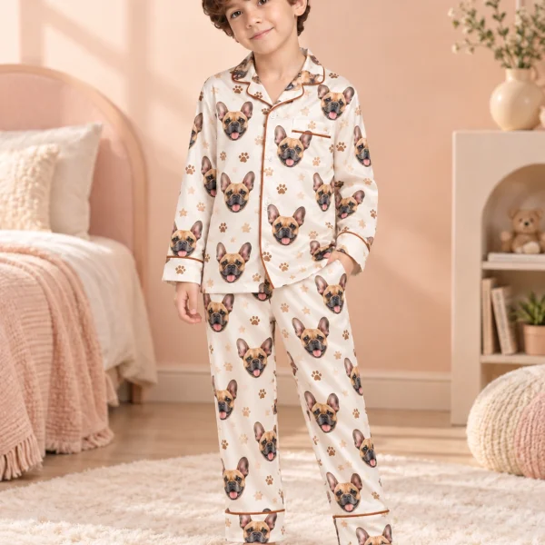 Boy posing in kids satin pajamas, fawn French bulldog faces on cream satin with paw prints — MyDogPics