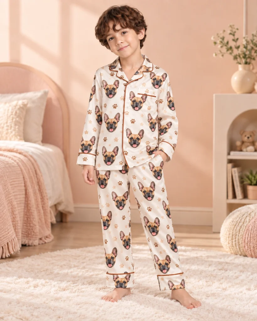 Boy posing in kids satin pajamas, fawn French bulldog faces on cream satin with paw prints — MyDogPics