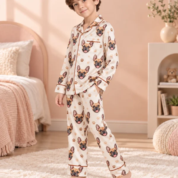 Side view of kids satin pajamas with fawn French bulldog faces on cream satin with paw prints — MyDogPics