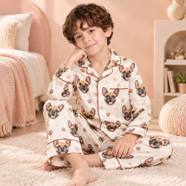 Boy sitting in kids satin pajamas covered in fawn French bulldog faces — MyDogPics