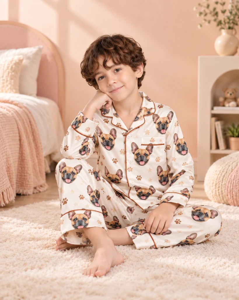 Boy sitting in kids satin pajamas covered in fawn French bulldog faces — MyDogPics