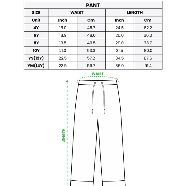 Kids satin pajamas size chart — pants (4Y–YM) in inches and cm — MyDogPics