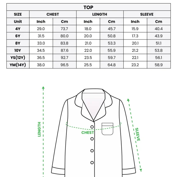 Kids satin pajamas size chart — top (4Y–YM) in inches and cm — MyDogPics