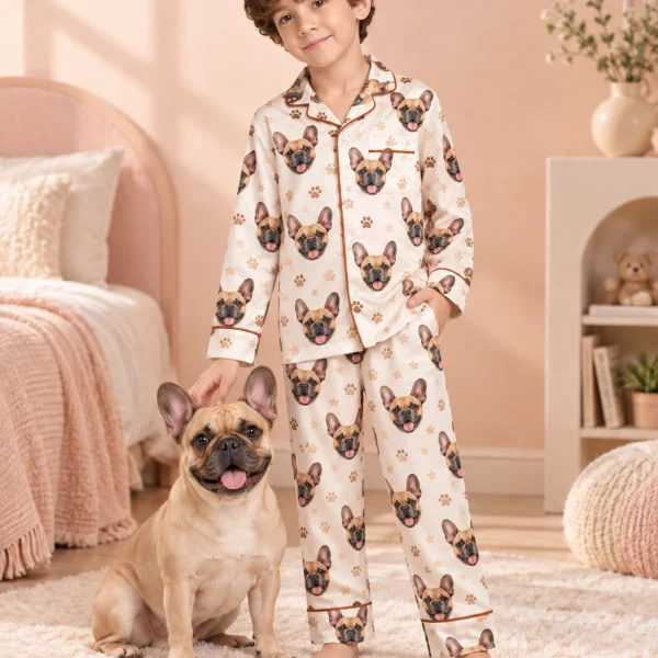 Boy in kids satin pajamas standing next to his French bulldog — MyDogPics