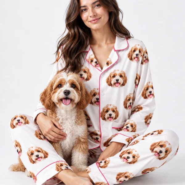 Woman in long sleeve pajamas cuddling her doodle puppy — MyDogPics
