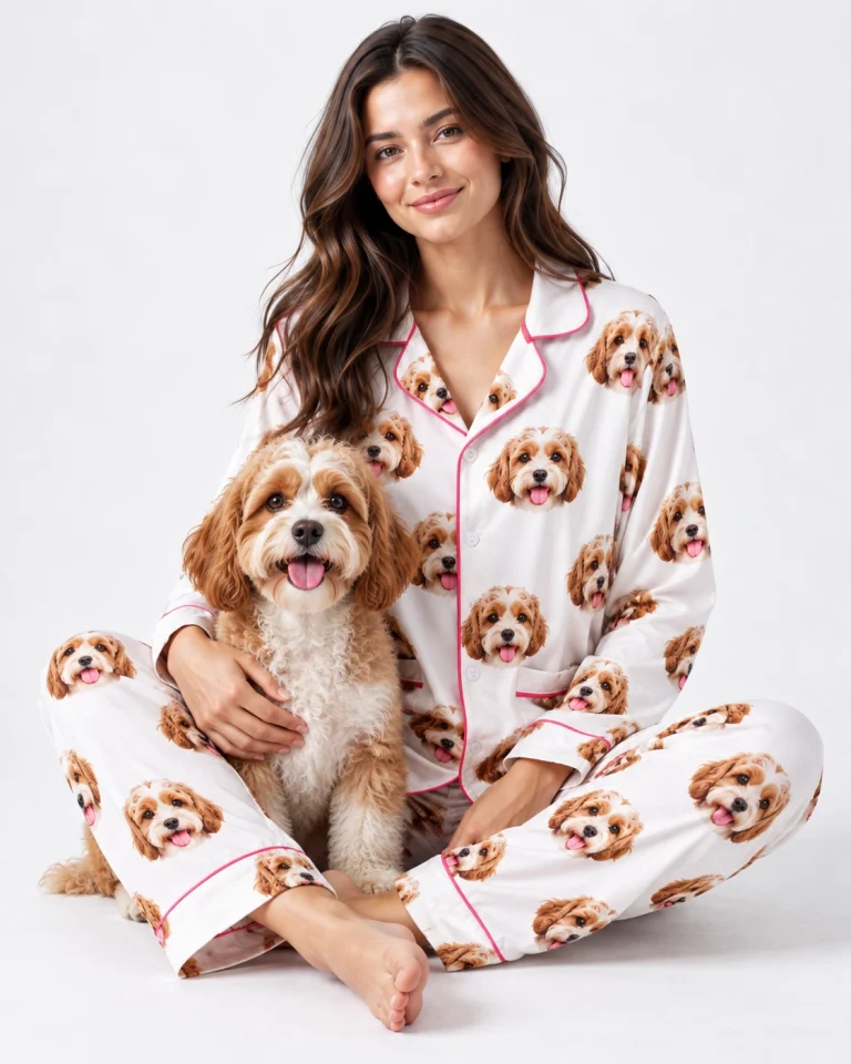 Woman in long sleeve pajamas cuddling her doodle puppy — MyDogPics
