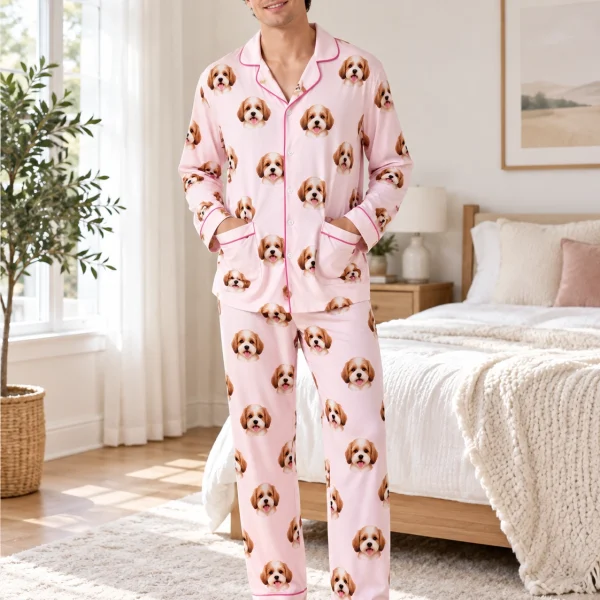 Man wearing long sleeve pajamas covered in doodle puppy faces on light pink fabric with contrast piping — MyDogPics