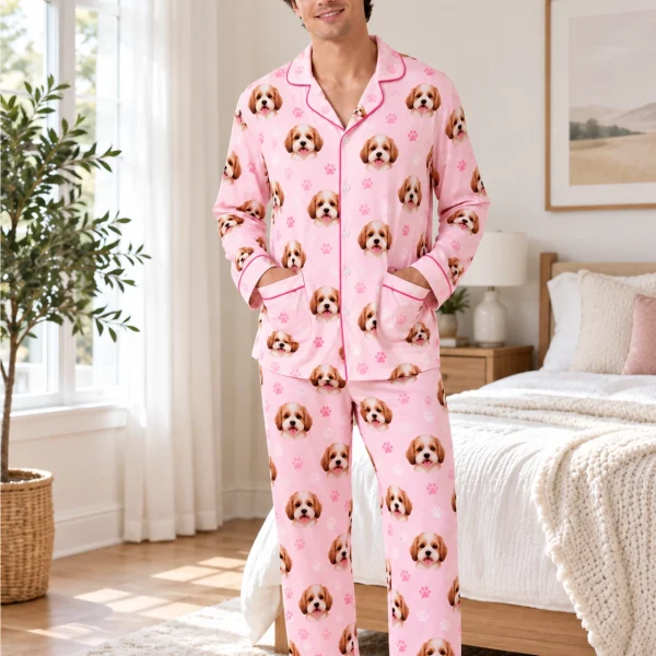Man wearing long sleeve pajamas covered in doodle puppy faces on pink fabric with contrast piping — MyDogPics