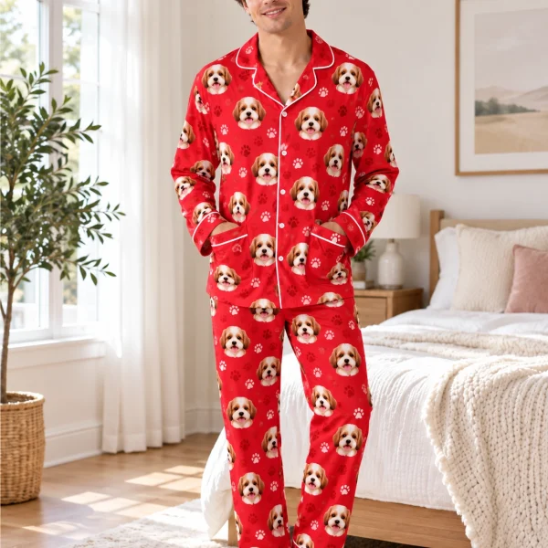 Man wearing long sleeve pajamas covered in doodle puppy faces on red fabric with contrast piping — MyDogPics