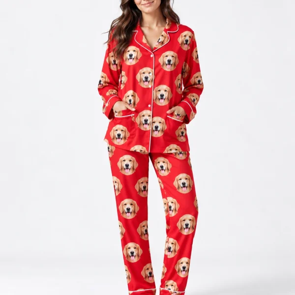 Woman wearing long sleeve pajamas covered in doodle puppy faces on red fabric with contrast piping — MyDogPics