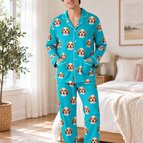 Man wearing long sleeve pajamas covered in doodle puppy faces on teal fabric with contrast piping — MyDogPics
