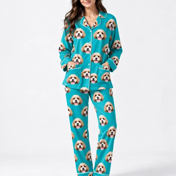 Woman wearing long sleeve pajamas covered in doodle puppy faces on teal fabric with contrast piping — MyDogPics
