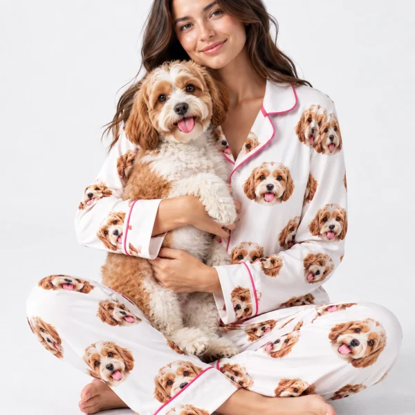 Woman in long sleeve pajamas holding her doodle puppy — MyDogPics