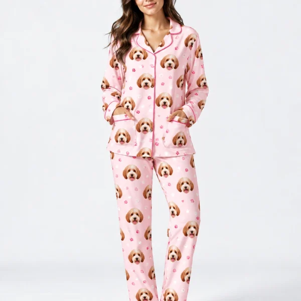 Woman posing in long sleeve pajamas, doodle puppy faces on light pink fabric with contrast piping — MyDogPics