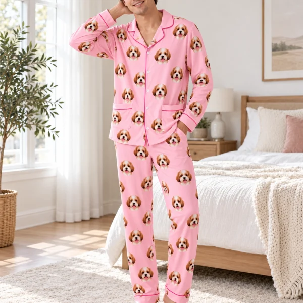 Man posing in long sleeve pajamas, doodle puppy faces on pink fabric with contrast piping — MyDogPics