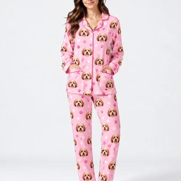 Woman posing in long sleeve pajamas, doodle puppy faces on pink fabric with contrast piping — MyDogPics