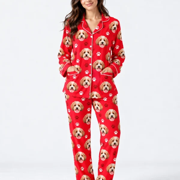 Woman posing in long sleeve pajamas, doodle puppy faces on red fabric with contrast piping — MyDogPics