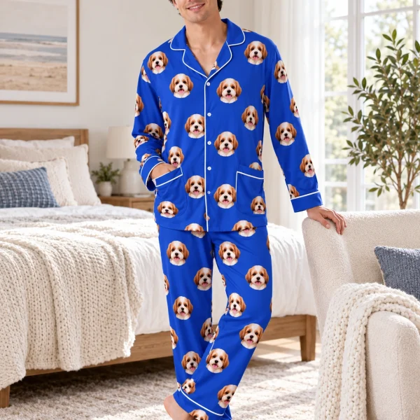 Man posing in long sleeve pajamas, doodle puppy faces on royal blue fabric with contrast piping — MyDogPics