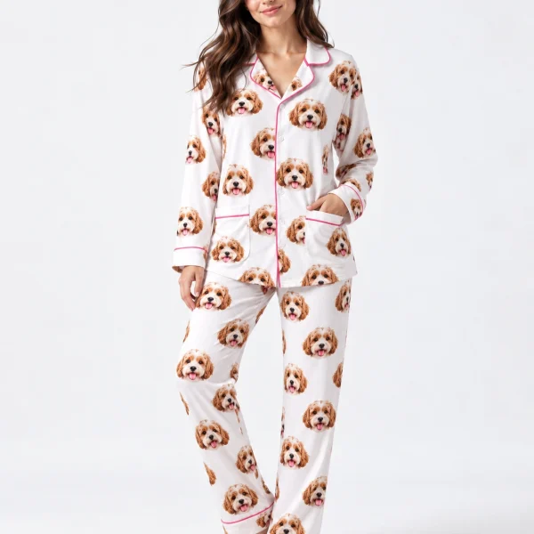 Woman posing in long sleeve pajamas, doodle puppy faces on white fabric with contrast piping — MyDogPics
