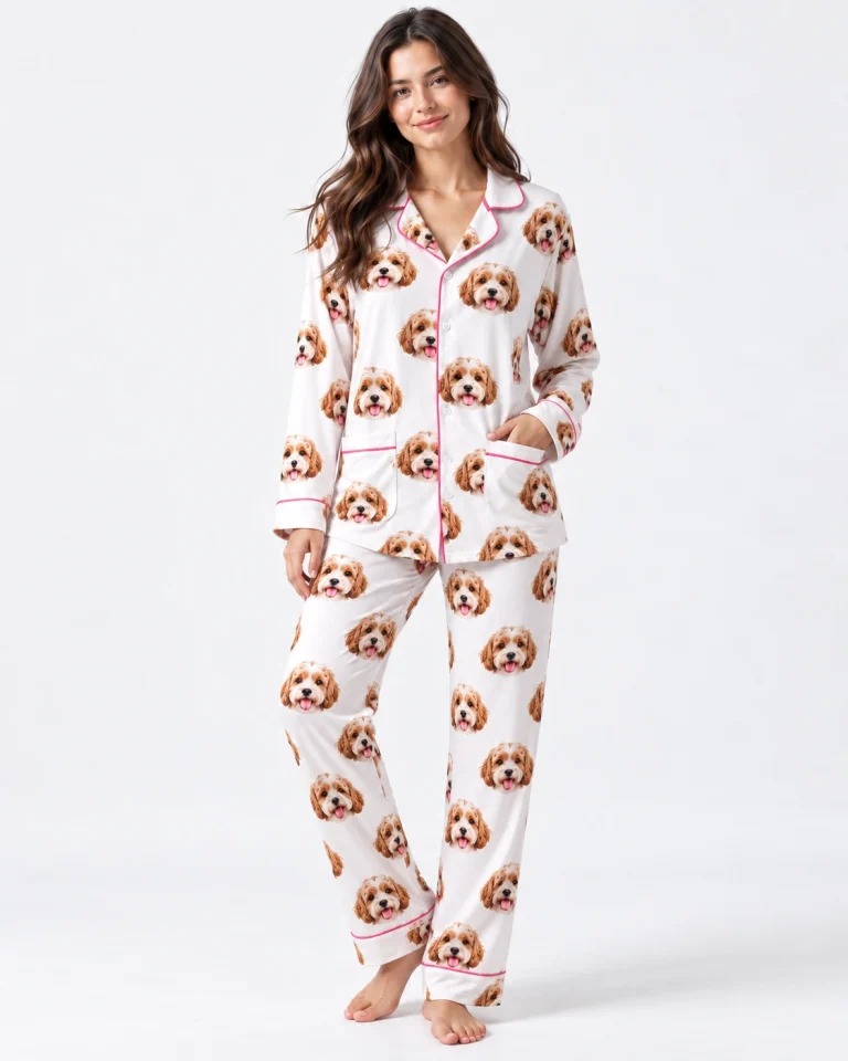 Woman posing in long sleeve pajamas, doodle puppy faces on white fabric with contrast piping — MyDogPics